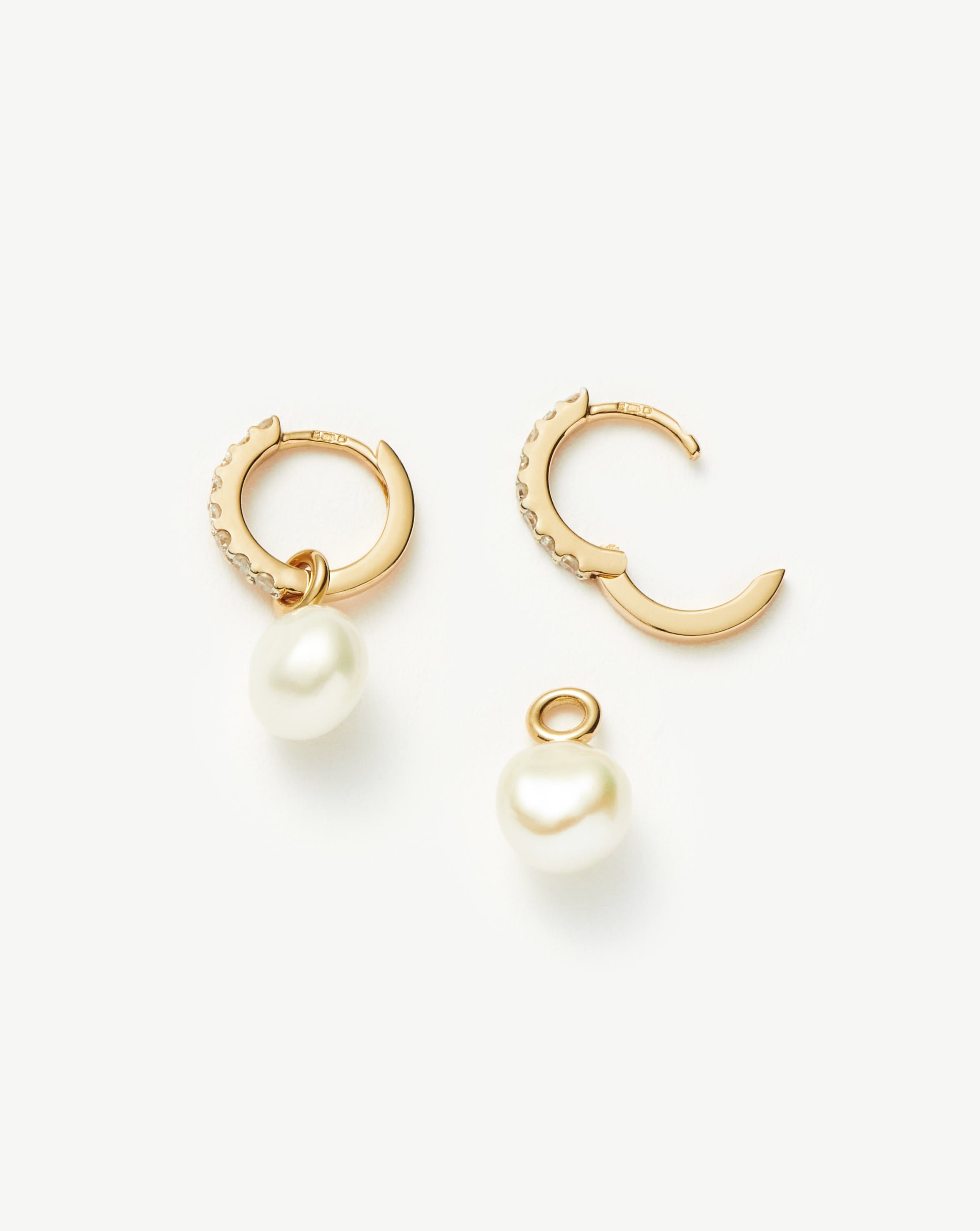 Solid Gold Diamond & Pearl Charm Hoop Earrings | 14ct Solid Gold/Pearl & Diamond