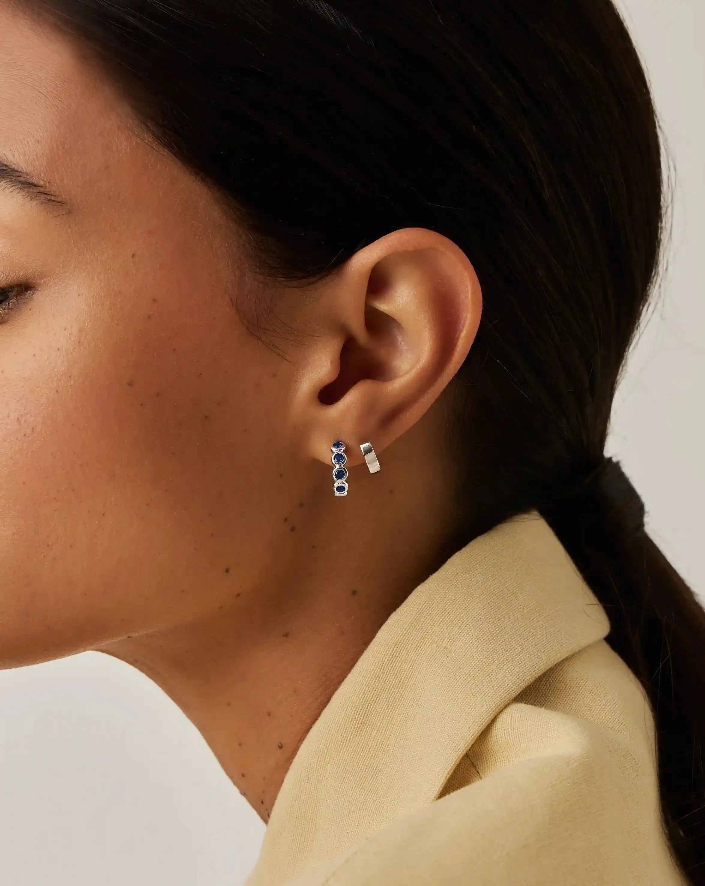 Tennis Small Hoop Earrings | Sterling Silver/Sapphire Blue Nano-crystal